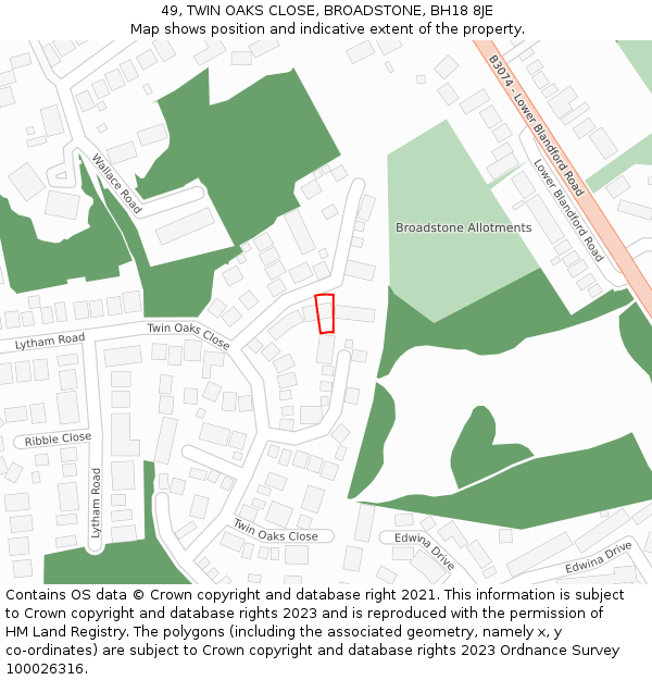 49, TWIN OAKS CLOSE, BROADSTONE, BH18 8JE: Location map and indicative extent of plot