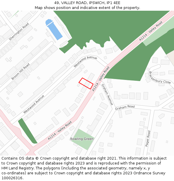 49, VALLEY ROAD, IPSWICH, IP1 4EE: Location map and indicative extent of plot