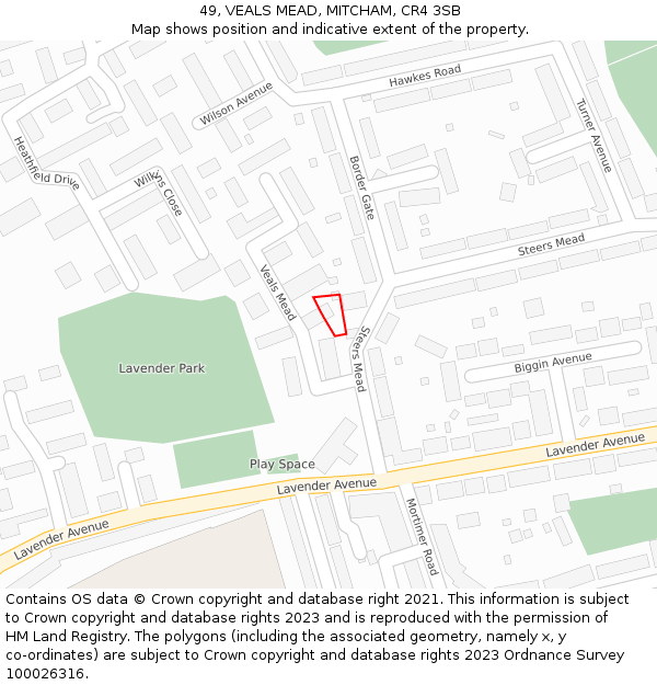 49, VEALS MEAD, MITCHAM, CR4 3SB: Location map and indicative extent of plot