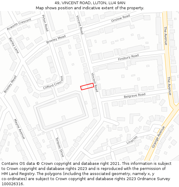 49, VINCENT ROAD, LUTON, LU4 9AN: Location map and indicative extent of plot