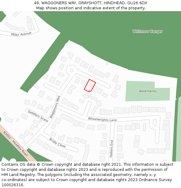 49, WAGGONERS WAY, GRAYSHOTT, HINDHEAD, GU26 6DX: Location map and indicative extent of plot