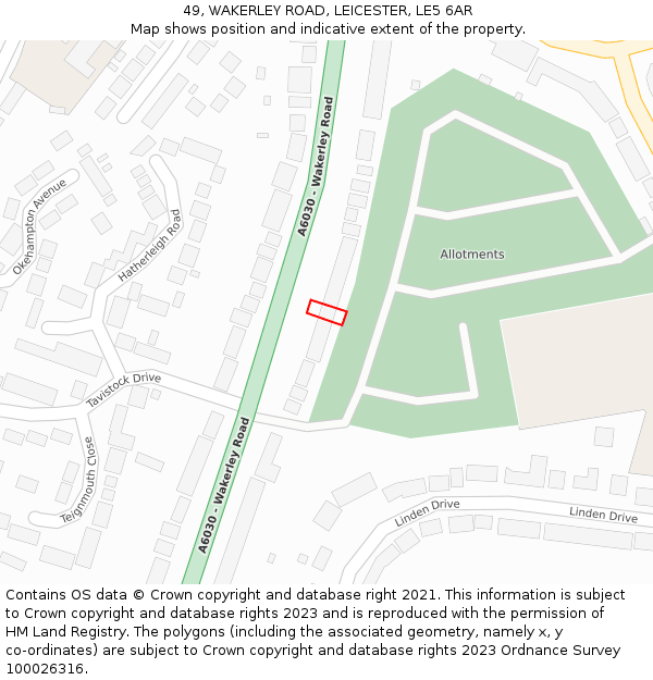 49, WAKERLEY ROAD, LEICESTER, LE5 6AR: Location map and indicative extent of plot