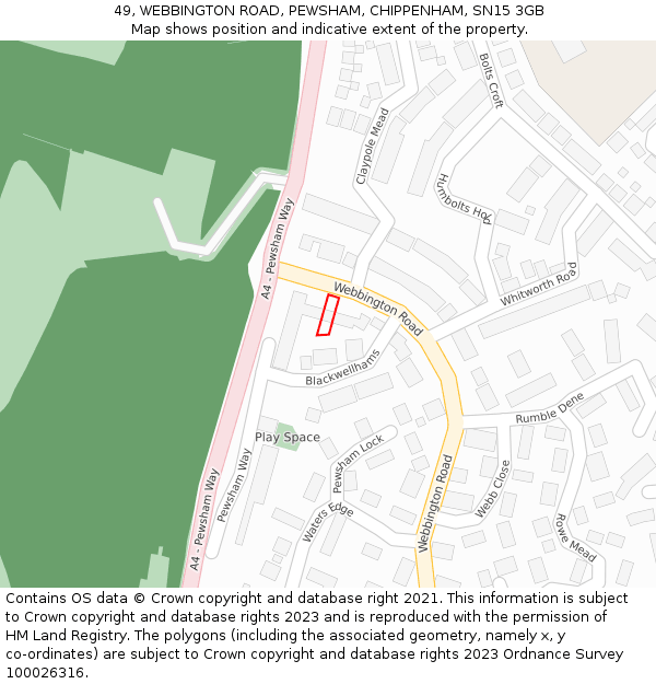 49, WEBBINGTON ROAD, PEWSHAM, CHIPPENHAM, SN15 3GB: Location map and indicative extent of plot