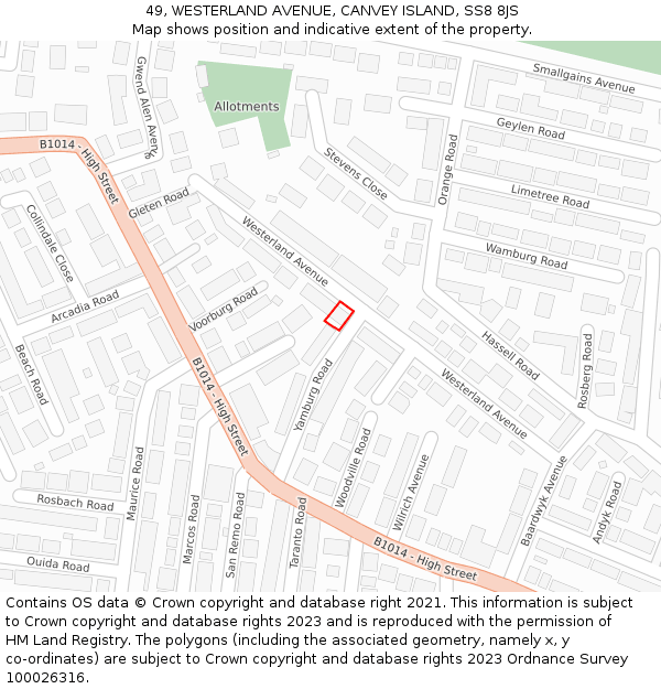 49, WESTERLAND AVENUE, CANVEY ISLAND, SS8 8JS: Location map and indicative extent of plot