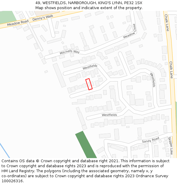 49, WESTFIELDS, NARBOROUGH, KING'S LYNN, PE32 1SX: Location map and indicative extent of plot