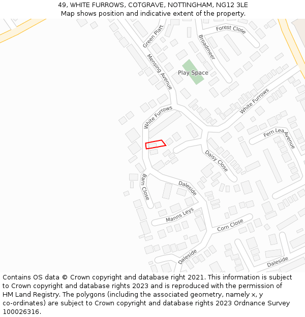 49, WHITE FURROWS, COTGRAVE, NOTTINGHAM, NG12 3LE: Location map and indicative extent of plot