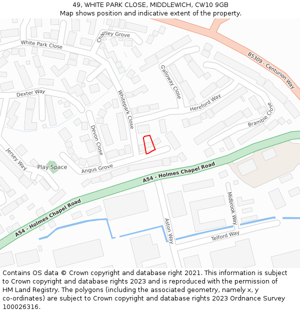 49, WHITE PARK CLOSE, MIDDLEWICH, CW10 9GB: Location map and indicative extent of plot