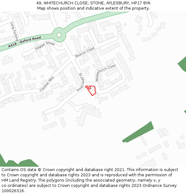 49, WHITECHURCH CLOSE, STONE, AYLESBURY, HP17 8YA: Location map and indicative extent of plot