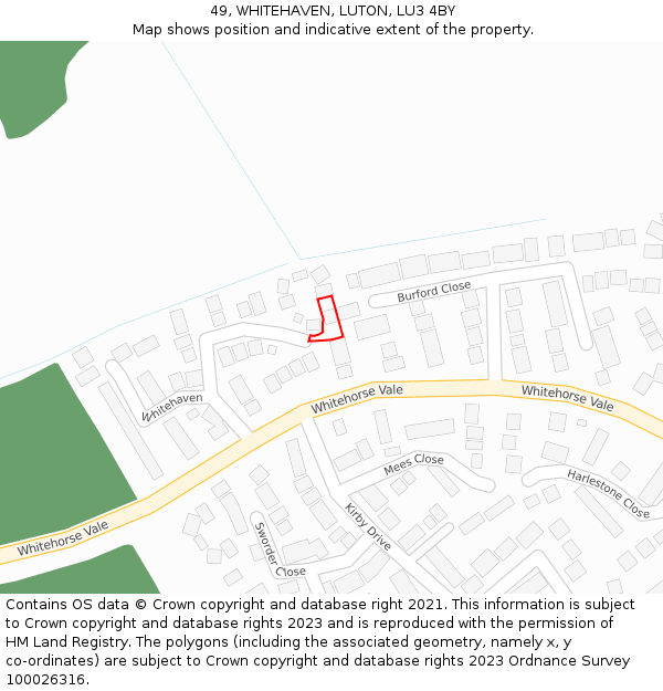 49, WHITEHAVEN, LUTON, LU3 4BY: Location map and indicative extent of plot