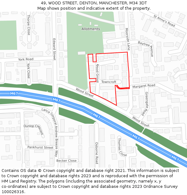 49, WOOD STREET, DENTON, MANCHESTER, M34 3DT: Location map and indicative extent of plot