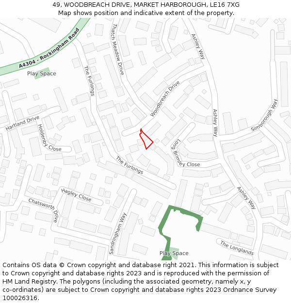 49, WOODBREACH DRIVE, MARKET HARBOROUGH, LE16 7XG: Location map and indicative extent of plot