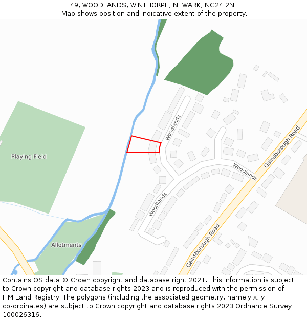 49, WOODLANDS, WINTHORPE, NEWARK, NG24 2NL: Location map and indicative extent of plot