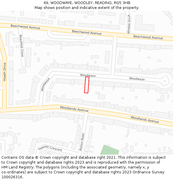 49, WOODWAYE, WOODLEY, READING, RG5 3HB: Location map and indicative extent of plot