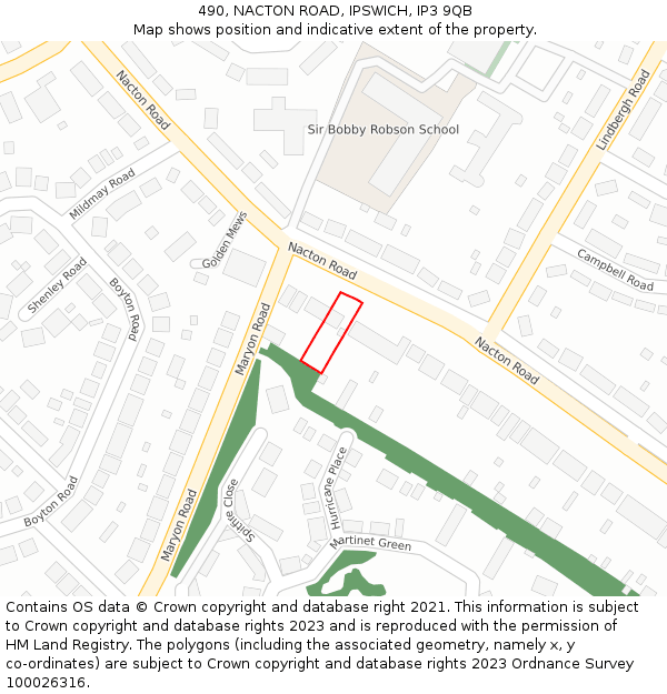 490, NACTON ROAD, IPSWICH, IP3 9QB: Location map and indicative extent of plot