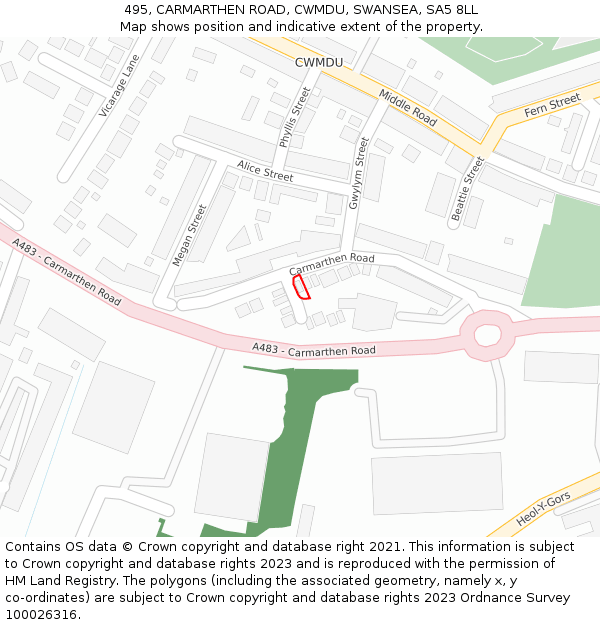 495, CARMARTHEN ROAD, CWMDU, SWANSEA, SA5 8LL: Location map and indicative extent of plot