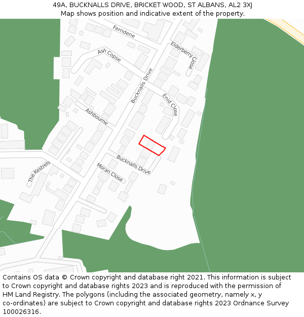 49A, BUCKNALLS DRIVE, BRICKET WOOD, ST ALBANS, AL2 3XJ: Location map and indicative extent of plot