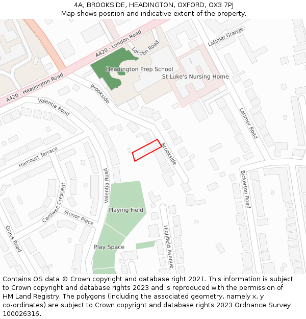 4A, BROOKSIDE, HEADINGTON, OXFORD, OX3 7PJ: Location map and indicative extent of plot