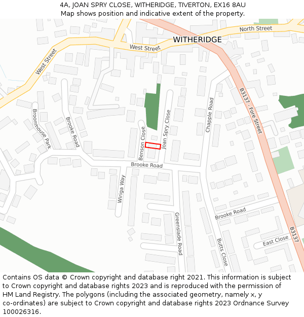 4A, JOAN SPRY CLOSE, WITHERIDGE, TIVERTON, EX16 8AU: Location map and indicative extent of plot