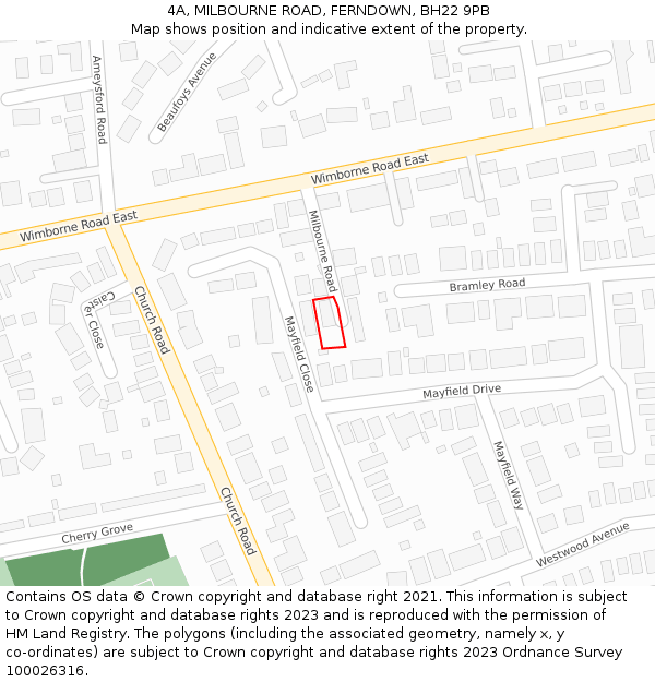 4A, MILBOURNE ROAD, FERNDOWN, BH22 9PB: Location map and indicative extent of plot