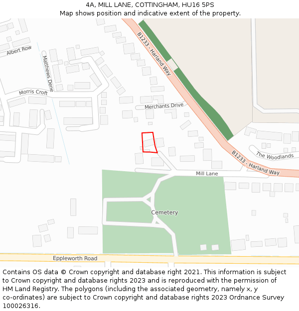 4A, MILL LANE, COTTINGHAM, HU16 5PS: Location map and indicative extent of plot