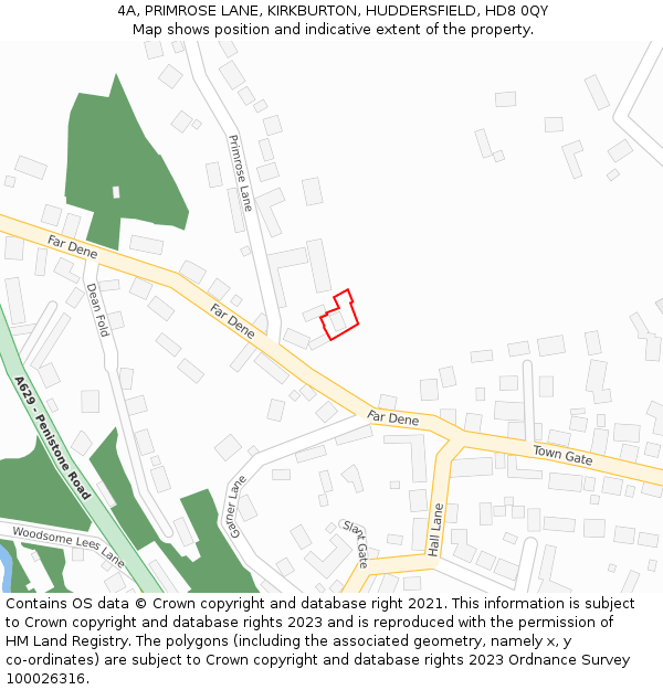 4A, PRIMROSE LANE, KIRKBURTON, HUDDERSFIELD, HD8 0QY: Location map and indicative extent of plot