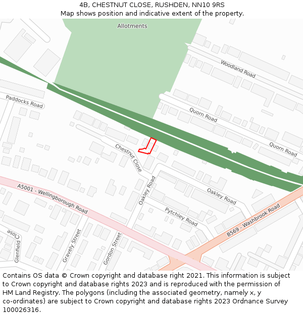 4B, CHESTNUT CLOSE, RUSHDEN, NN10 9RS: Location map and indicative extent of plot