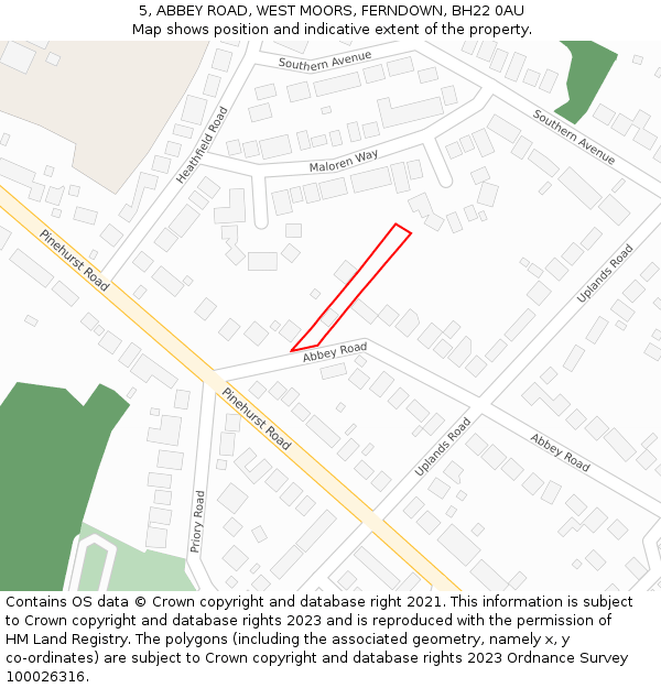 5, ABBEY ROAD, WEST MOORS, FERNDOWN, BH22 0AU: Location map and indicative extent of plot