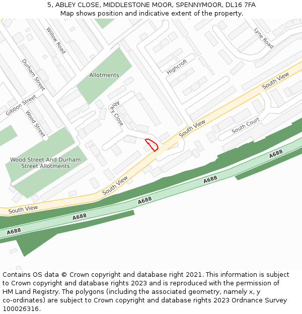 5, ABLEY CLOSE, MIDDLESTONE MOOR, SPENNYMOOR, DL16 7FA: Location map and indicative extent of plot