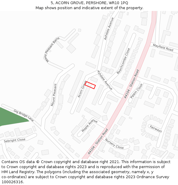 5, ACORN GROVE, PERSHORE, WR10 1PQ: Location map and indicative extent of plot