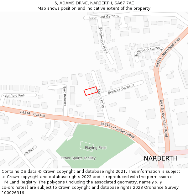 5, ADAMS DRIVE, NARBERTH, SA67 7AE: Location map and indicative extent of plot