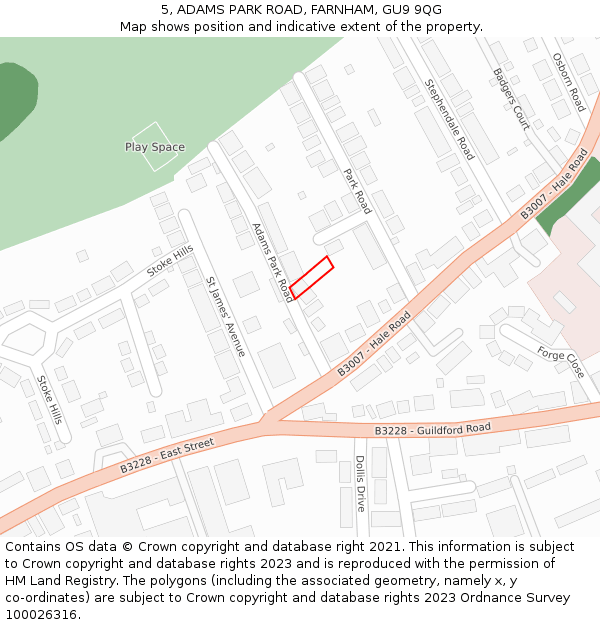 5, ADAMS PARK ROAD, FARNHAM, GU9 9QG: Location map and indicative extent of plot