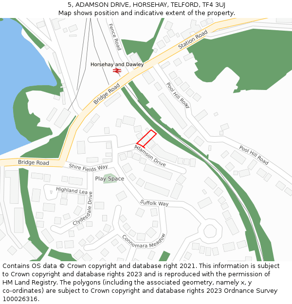 5, ADAMSON DRIVE, HORSEHAY, TELFORD, TF4 3UJ: Location map and indicative extent of plot