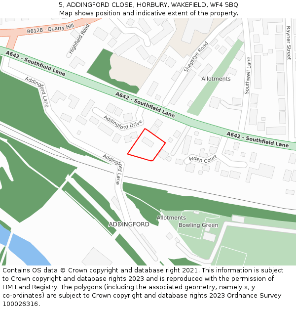 5, ADDINGFORD CLOSE, HORBURY, WAKEFIELD, WF4 5BQ: Location map and indicative extent of plot