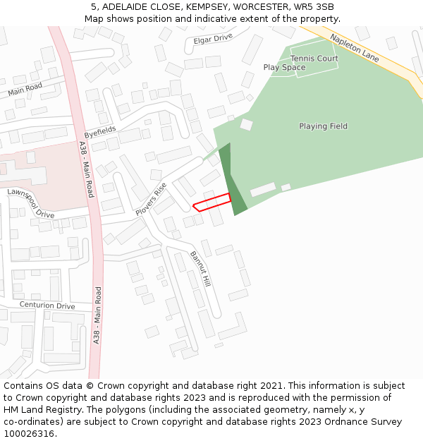 5, ADELAIDE CLOSE, KEMPSEY, WORCESTER, WR5 3SB: Location map and indicative extent of plot