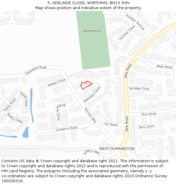 5, ADELAIDE CLOSE, WORTHING, BN13 3HN: Location map and indicative extent of plot