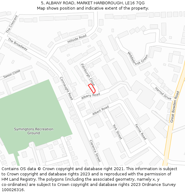 5, ALBANY ROAD, MARKET HARBOROUGH, LE16 7QG: Location map and indicative extent of plot