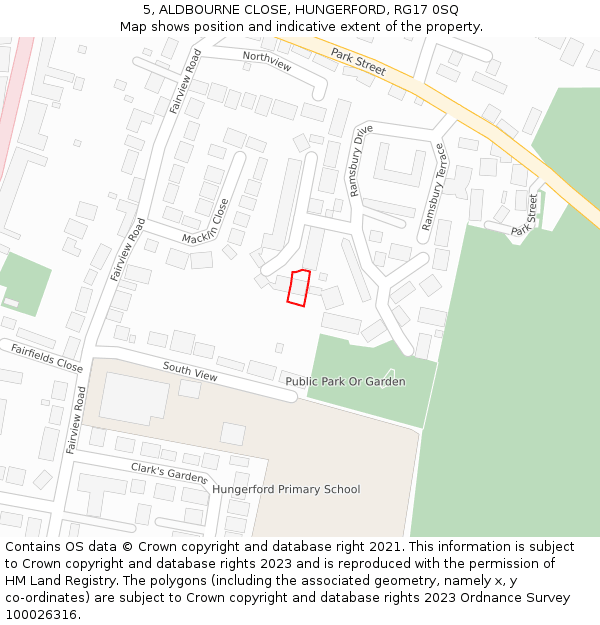 5, ALDBOURNE CLOSE, HUNGERFORD, RG17 0SQ: Location map and indicative extent of plot