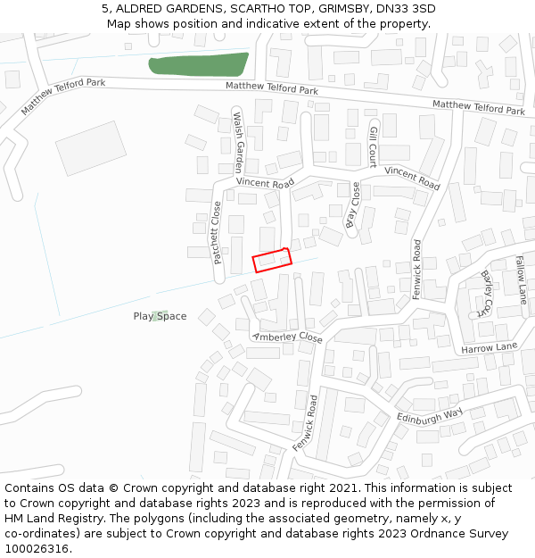 5, ALDRED GARDENS, SCARTHO TOP, GRIMSBY, DN33 3SD: Location map and indicative extent of plot
