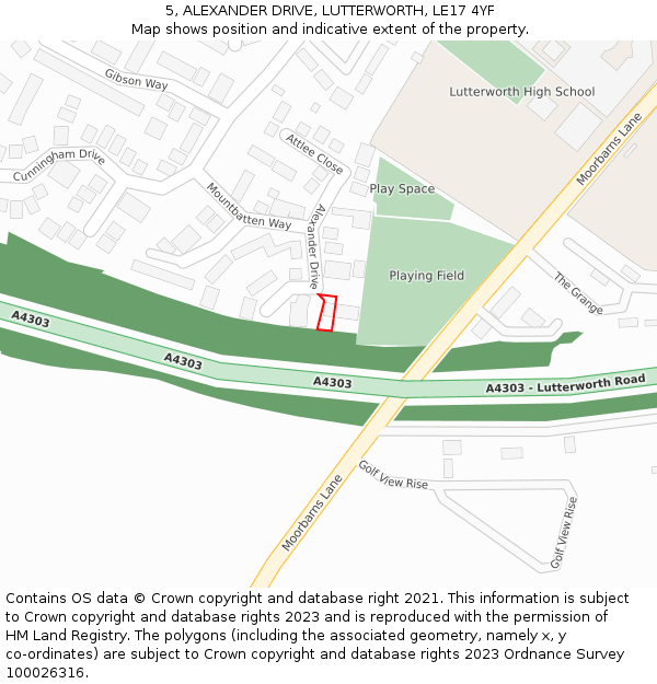 5, ALEXANDER DRIVE, LUTTERWORTH, LE17 4YF: Location map and indicative extent of plot