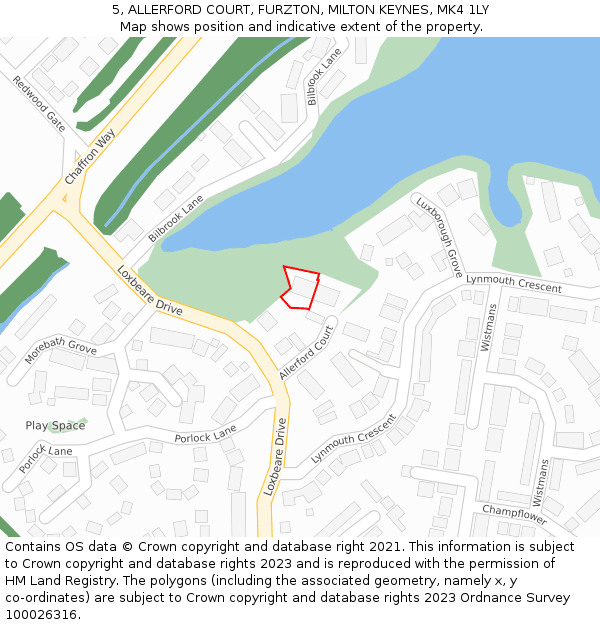 5, ALLERFORD COURT, FURZTON, MILTON KEYNES, MK4 1LY: Location map and indicative extent of plot