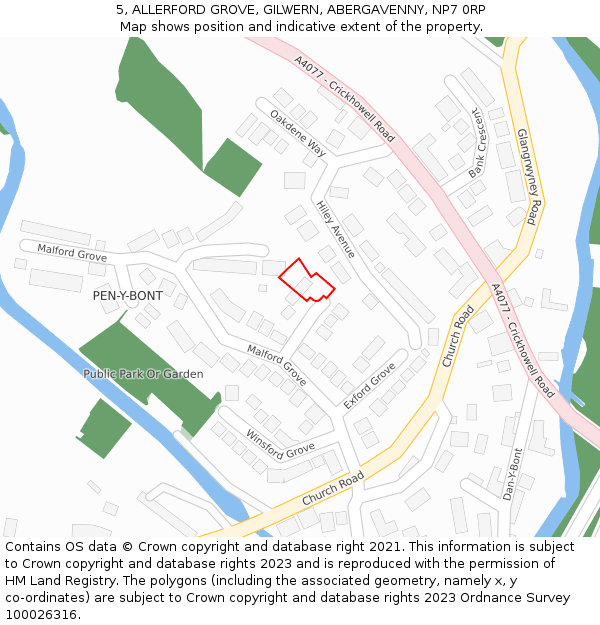 5, ALLERFORD GROVE, GILWERN, ABERGAVENNY, NP7 0RP: Location map and indicative extent of plot