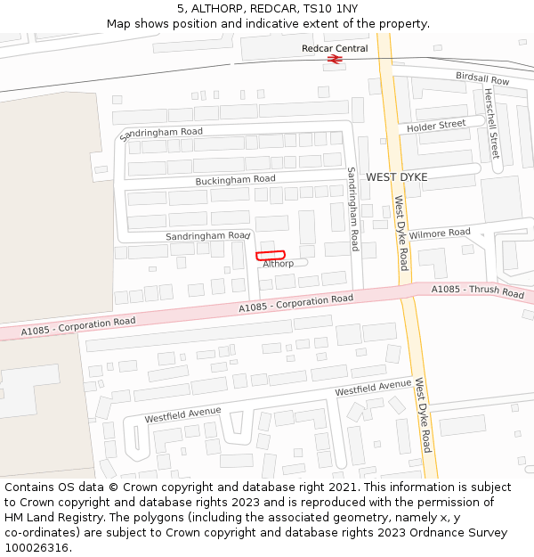 5, ALTHORP, REDCAR, TS10 1NY: Location map and indicative extent of plot
