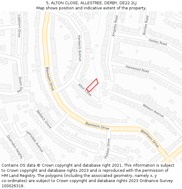 5, ALTON CLOSE, ALLESTREE, DERBY, DE22 2LJ: Location map and indicative extent of plot