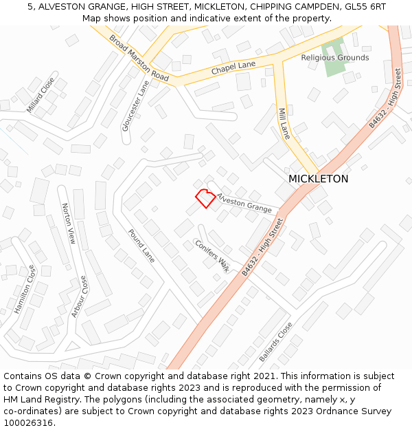 5, ALVESTON GRANGE, HIGH STREET, MICKLETON, CHIPPING CAMPDEN, GL55 6RT: Location map and indicative extent of plot