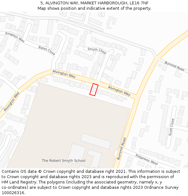 5, ALVINGTON WAY, MARKET HARBOROUGH, LE16 7NF: Location map and indicative extent of plot