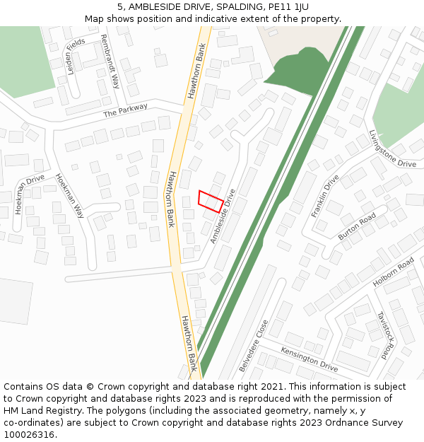 5, AMBLESIDE DRIVE, SPALDING, PE11 1JU: Location map and indicative extent of plot