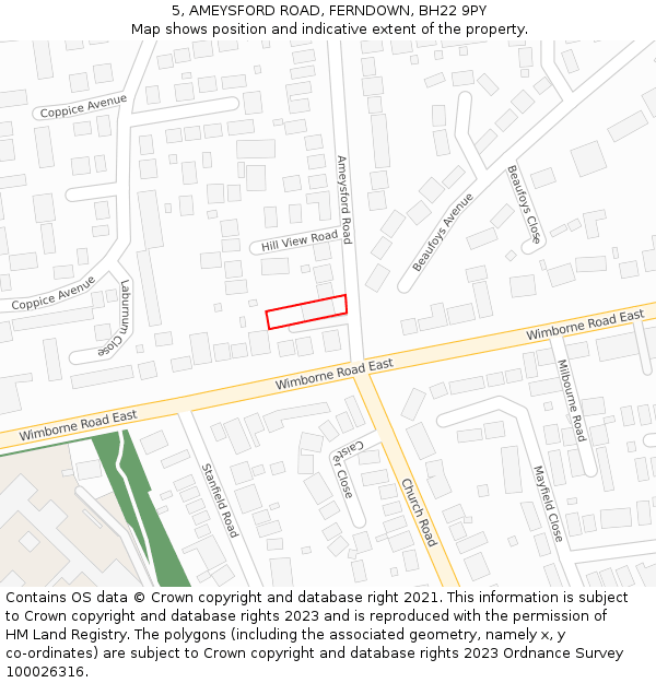 5, AMEYSFORD ROAD, FERNDOWN, BH22 9PY: Location map and indicative extent of plot