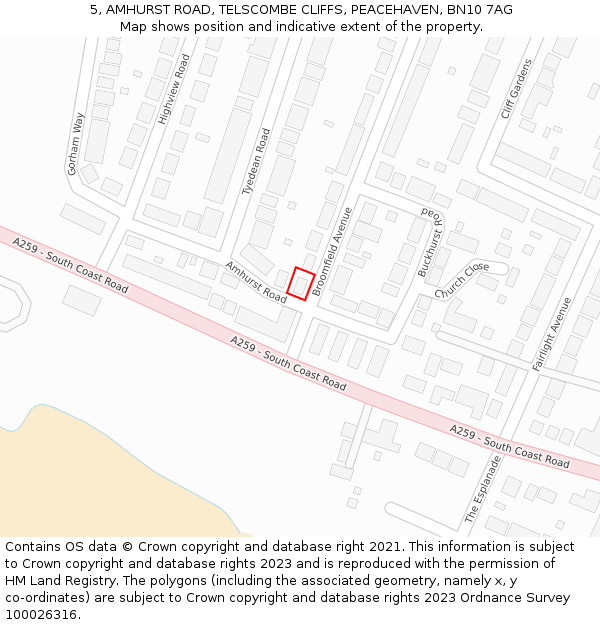 5, AMHURST ROAD, TELSCOMBE CLIFFS, PEACEHAVEN, BN10 7AG: Location map and indicative extent of plot