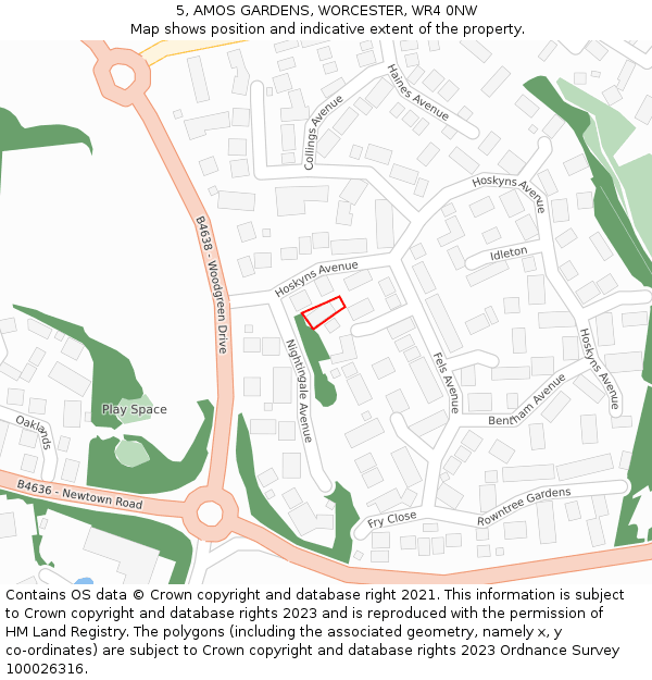 5, AMOS GARDENS, WORCESTER, WR4 0NW: Location map and indicative extent of plot