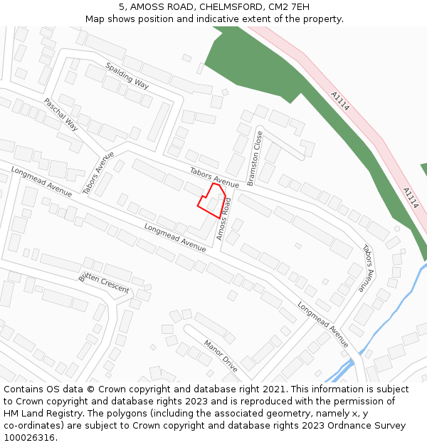 5, AMOSS ROAD, CHELMSFORD, CM2 7EH: Location map and indicative extent of plot